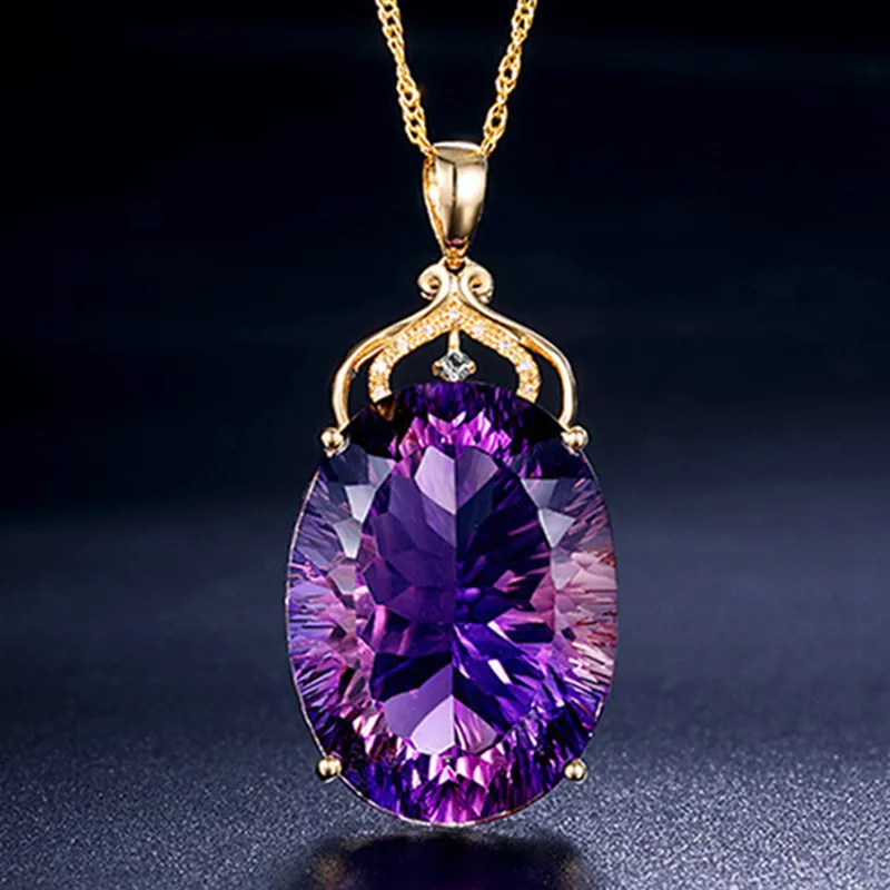 Vintage Fashion Teardrop Amethyst Pendant Necklace Zinc Alloy Rhinestone Gemstone Necklace For Women Party Wedding Jewelry Gift