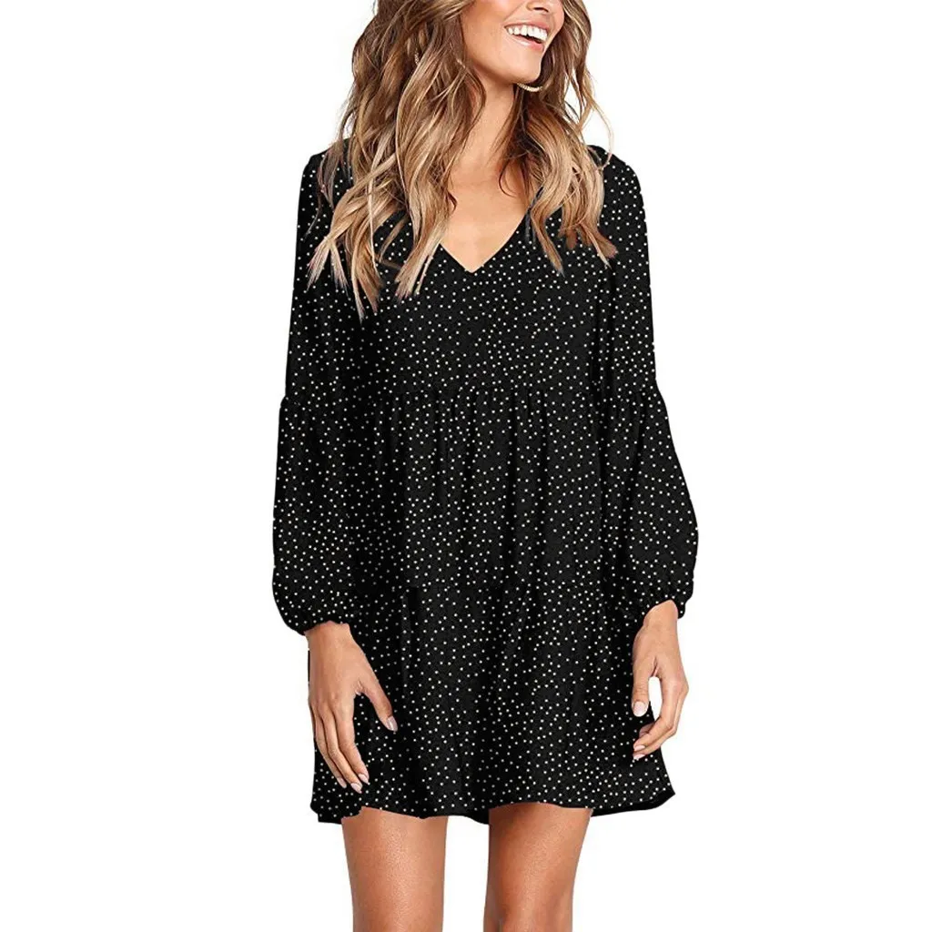 Vestido de Moda para Mujer con Cuello en V Manga Larga de Lunares con Volantes Vestido Mini Escalonado Casual Elegante Corto en A