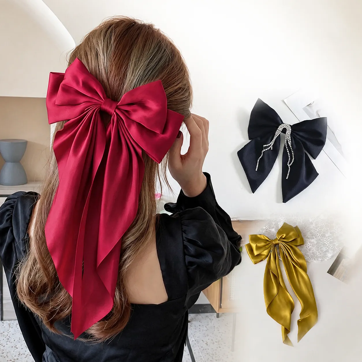 Large Bow Hair Clip Satin Long Ribbon Elegant French Style Hair Accessories For Women Girls
