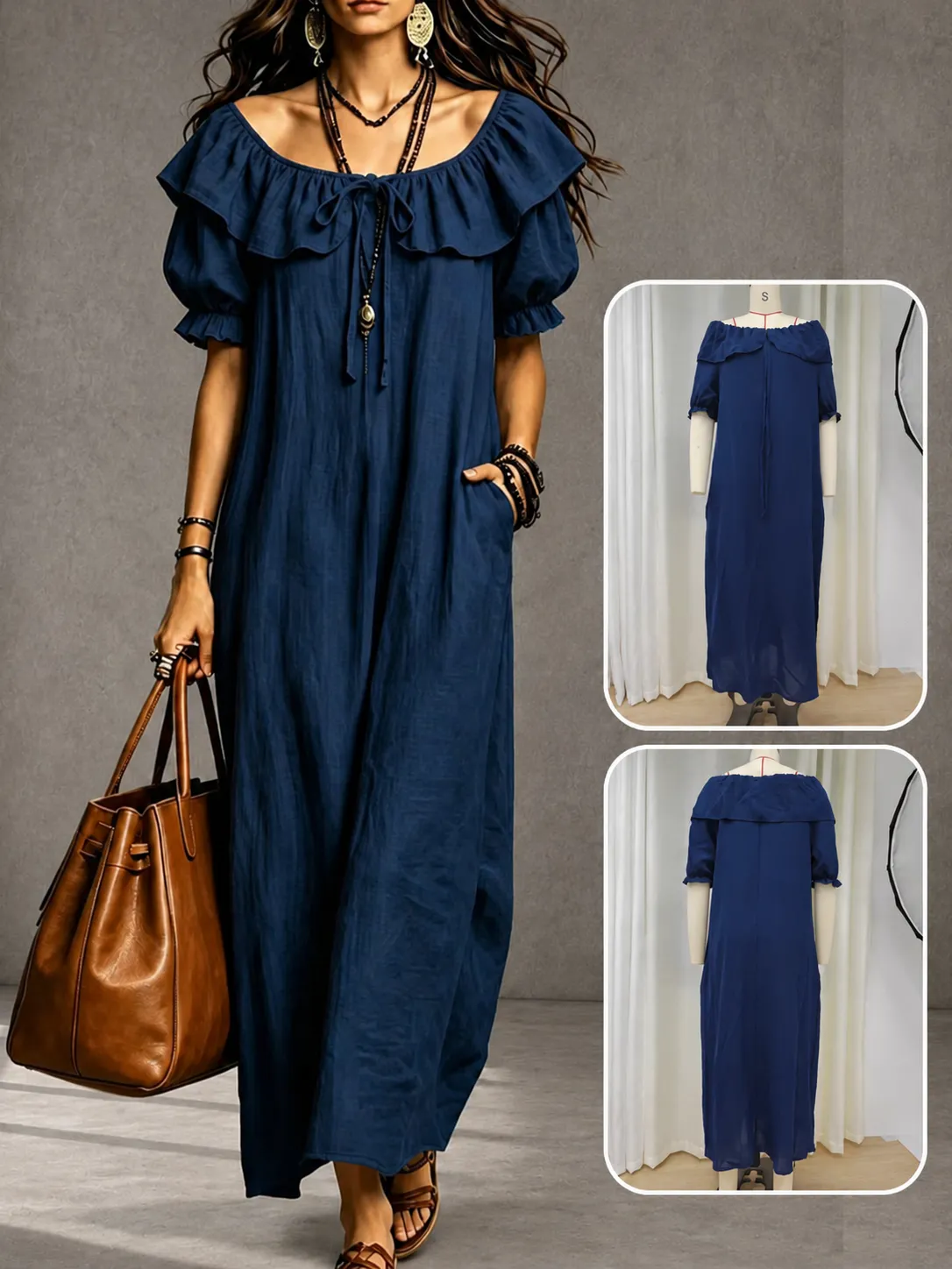 Women's Ruffle Neck Flutter Sleeve Bohemian Maxi Dress Elegant Solid Color Pleated Beach Vacation Long Dress With Pockets