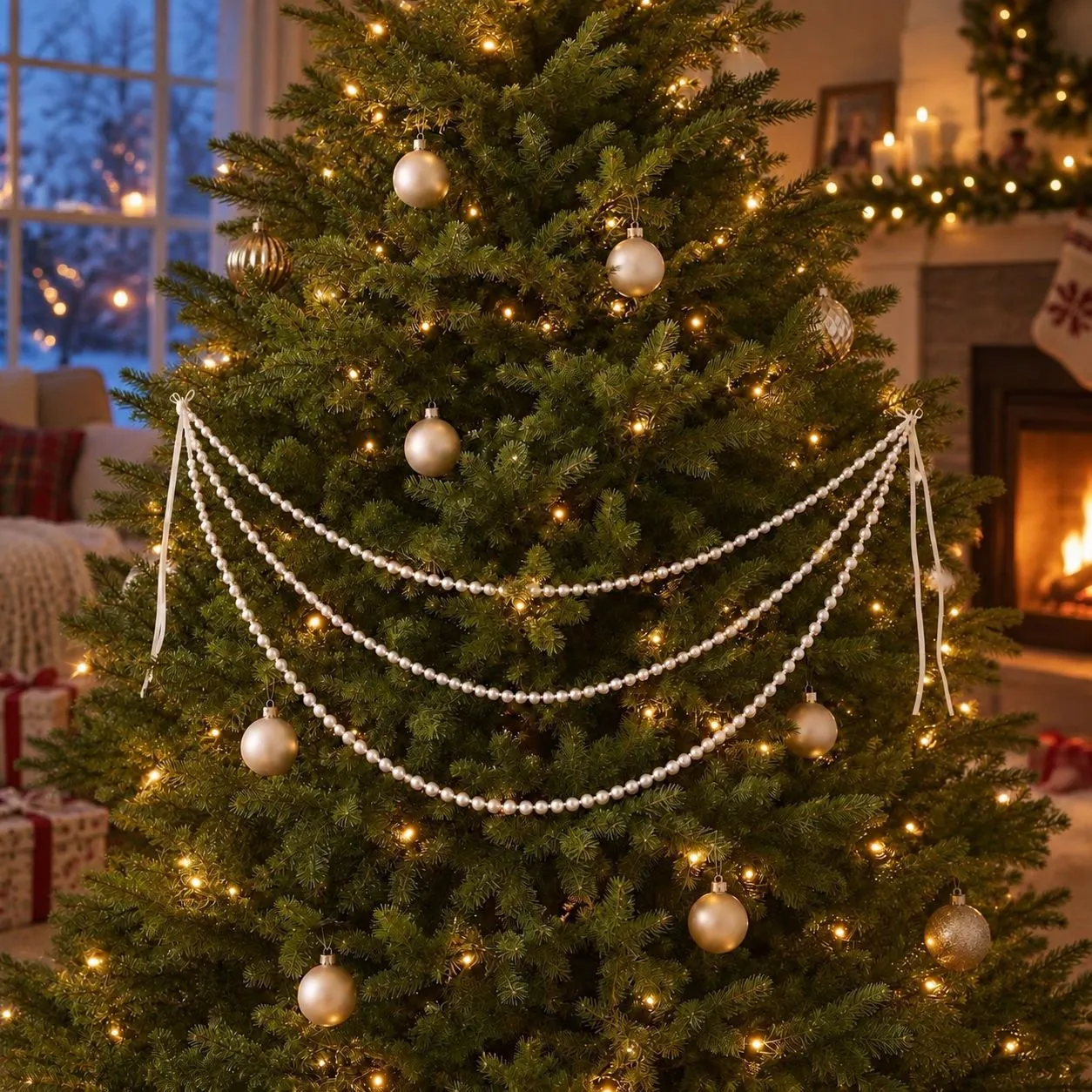 Ghirlanda di Perle Artificiali a Più Strati per Albero di Natale Catena di Perle in Plastica Ornamento Sospeso per Scale Finestre Festa Casa Decorazioni Natalizie Eleganti