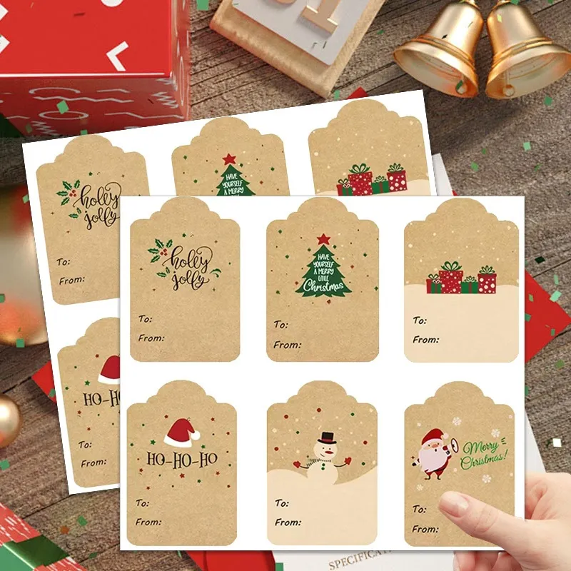 Christmas Kraft Paper Gift Tag Stickers Merry Christmas Santa Snowman Labels Self Adhesive DIY Craft To From Name Tags Holiday Decoration
