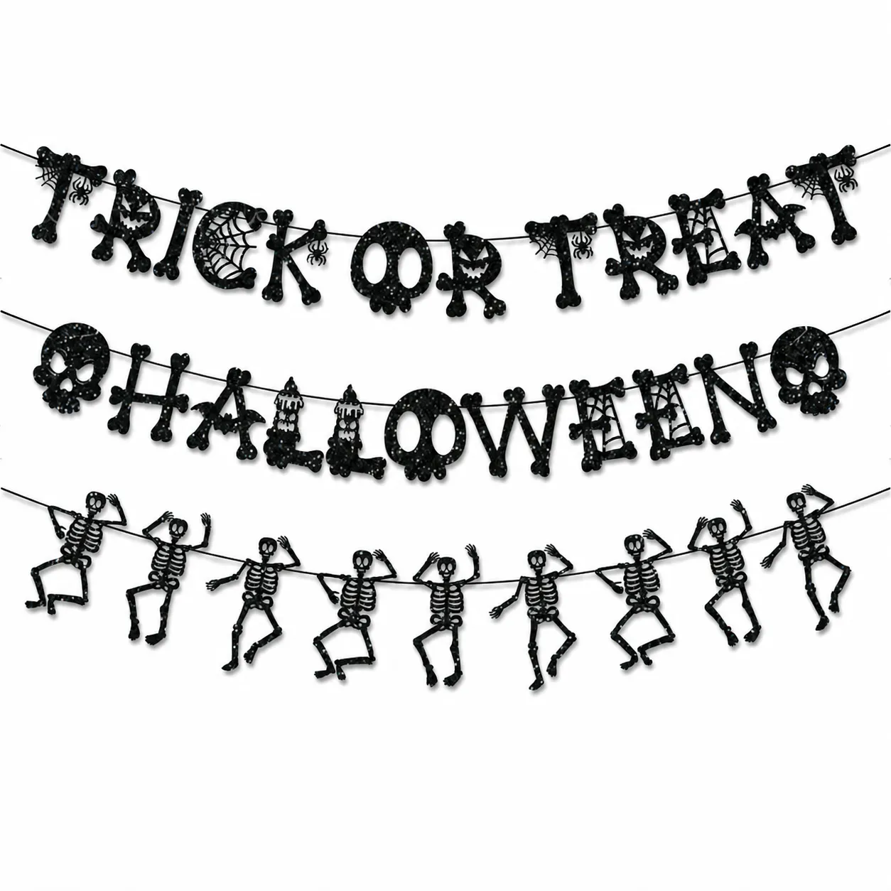 Glitter Paper Halloween Banner Trick Or Treat Skeleton Garland Black Spider Web Haunted House Party Decoration Hanging Bunting