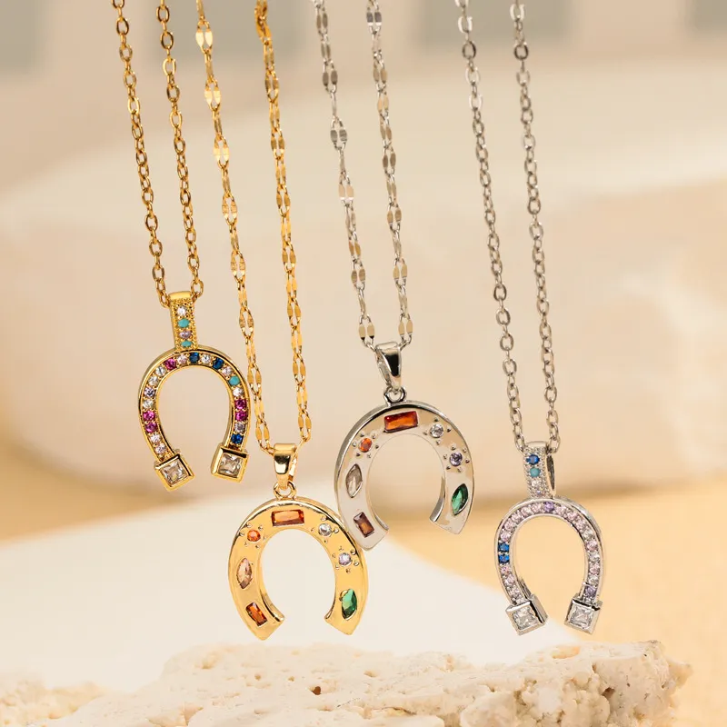 Horseshoe U-shaped Pendant Necklace Copper Zirconia Inlaid Luxury Minimalist Jewelry For Women Delicate Colorful Zirconia Stone Chain Necklace