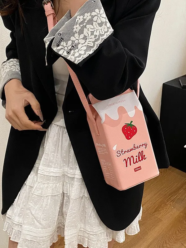 Creatieve Aardbeienmelk Doos Crossbody Tas Voor Vrouwen Leuke PU Leer Kleine Schouder Telefoontas Mode Bedrukte Handtas