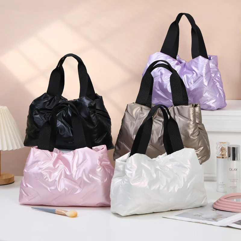 Bolso Tote Acolchado Brillante para Mujer Gran Capacidad Tela Oxford Acolchada Bolso de Hombro de Algodón de Plumón