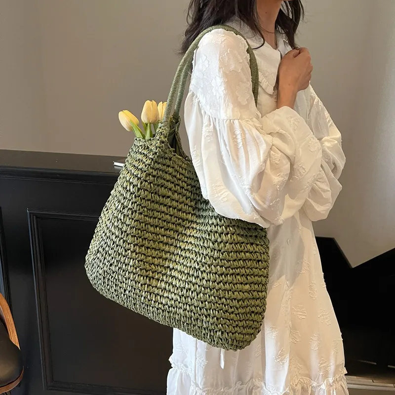 Large Capacity PVC Woven Tote Bag For Women Casual Beach Vacation Shoulder Bag Multi-functional Summer Travel Handbag Daily Use Fashion Bag