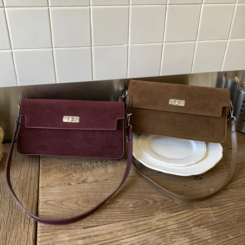 Women Retro Faux Suede Underarm Bag Minimalist Small Square Shoulder Bag With Metal Turn-Lock Buckle Versatile Commuting Daily Handbag