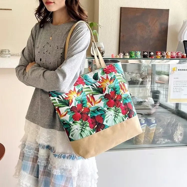 Large Capacity Canvas Tote Bag For Women Tropical Plant Floral Print Casual Summer Beach Shoulder Bag Travel Handbag With Zipper