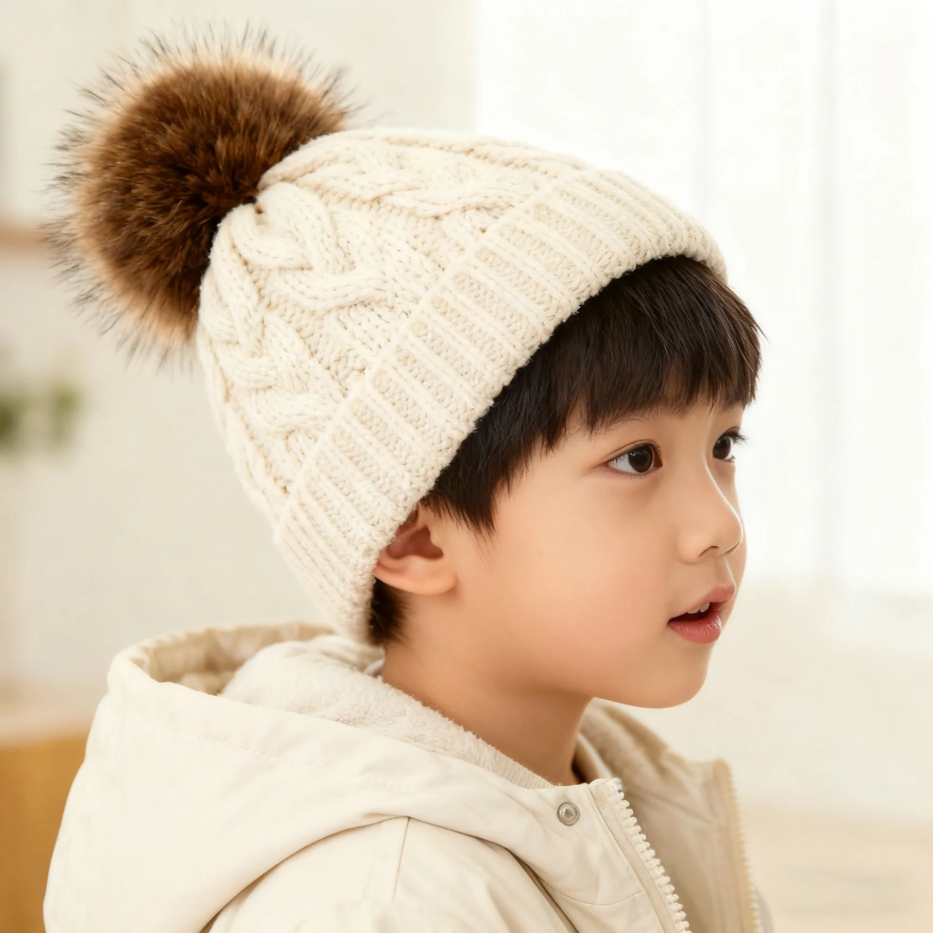 Kinder Winter Warm Zopfmuster Strickmütze Mit Großem Kunstpelz Pompon Dicke Acryl Pullover Beanie Für Mädchen Jungen