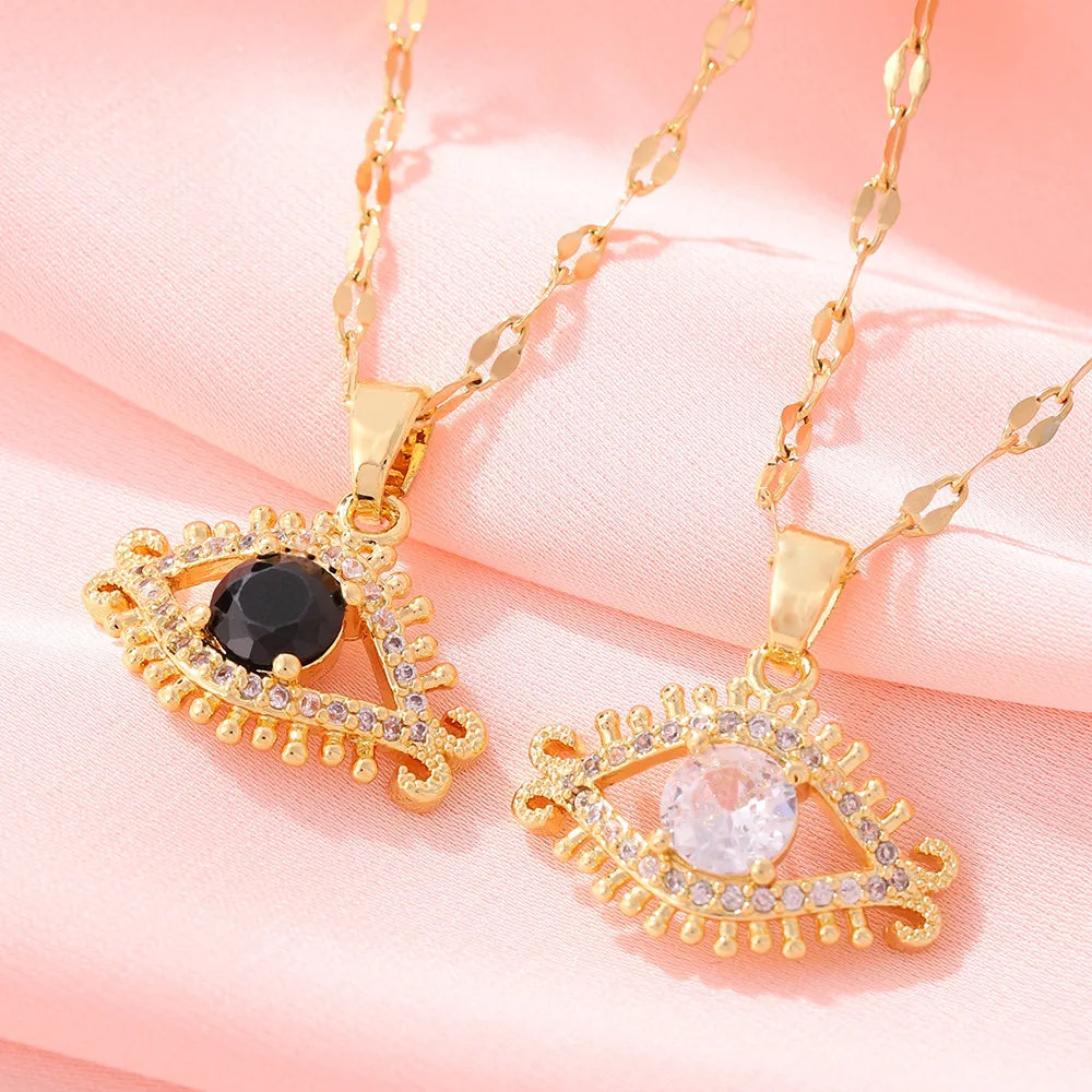 Luxury Copper Evil Eye Eyelash Pendant Necklace For Women Gold Plated Zirconia Inlaid Turkish Style Clavicle Chain Jewelry