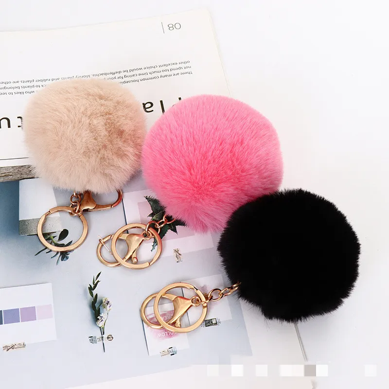 Faux Rabbit Fur Pom Pom Keychain Soft Plush Ball Bag Charm With Metal Clasp Fashion Handbag Key Ring DIY Decoration