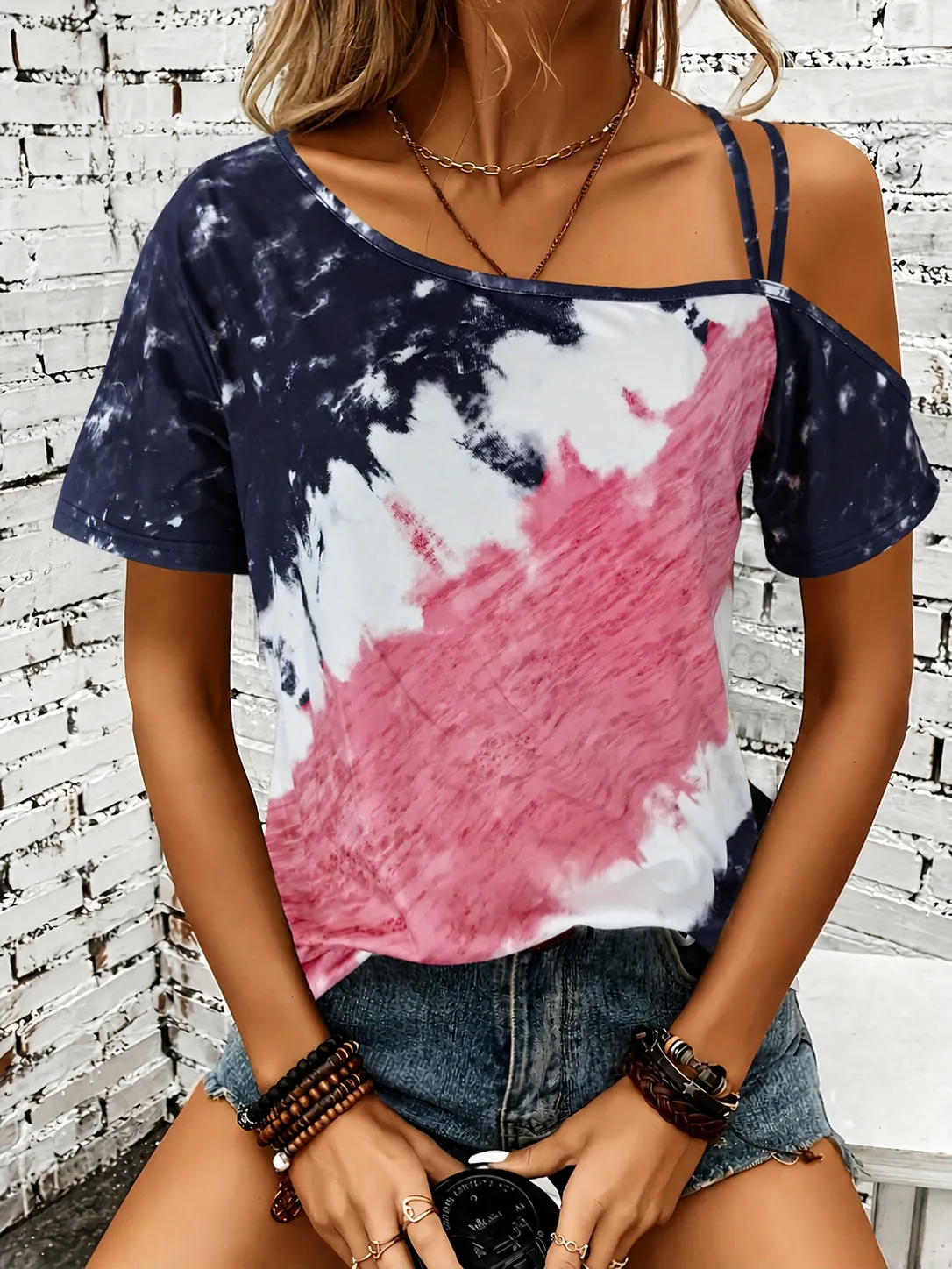 Damen Mode Batik T-Shirt Schulterfrei Asymmetrischer Ausschnitt Riemen Polyester Kurzarm Lässig Sommer Top Modisch