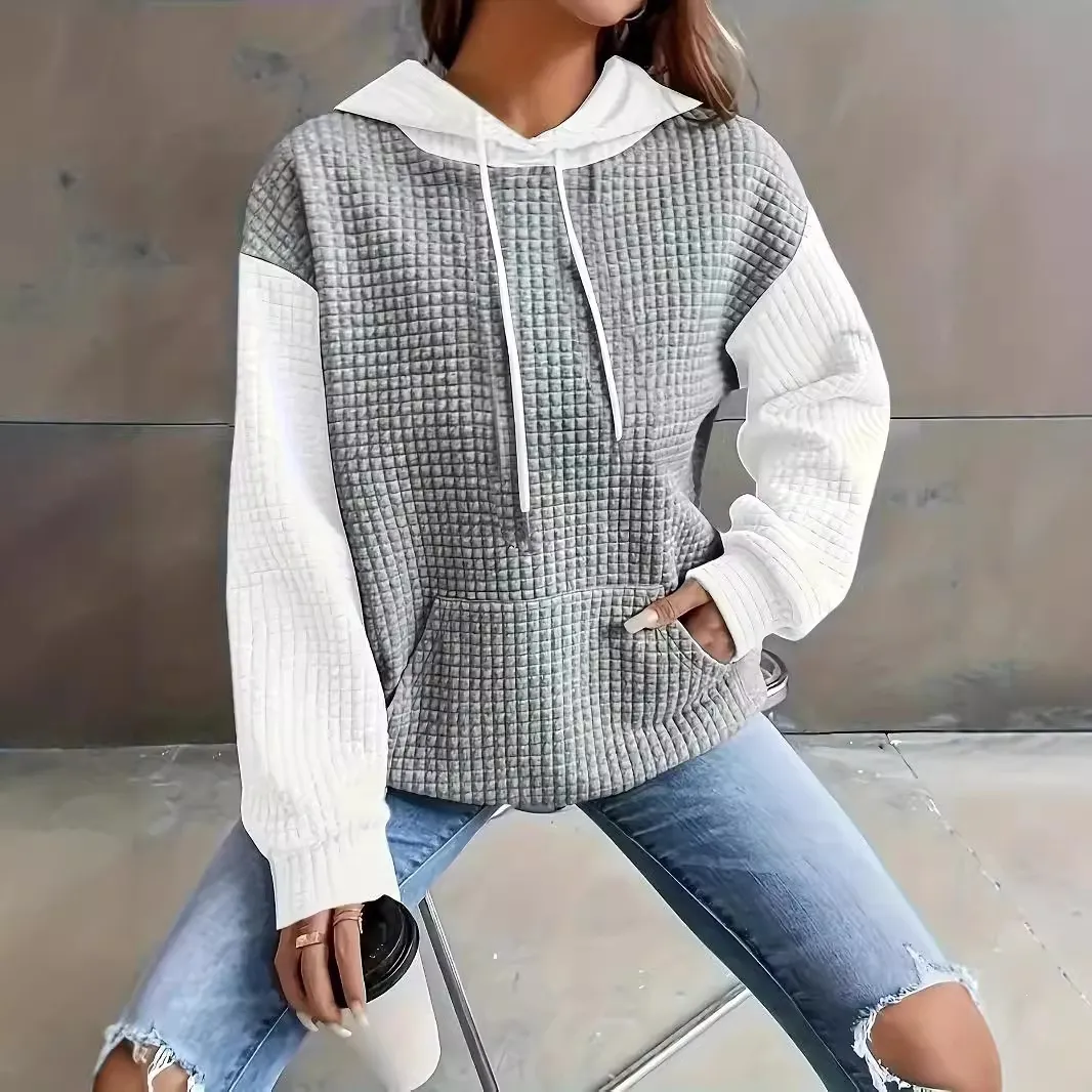 Women's Casual Color Block Hooded Sweatshirt Waffle Knit Polyester Raglan Sleeve Loose Hoodie Top With Kangaroo Pocket