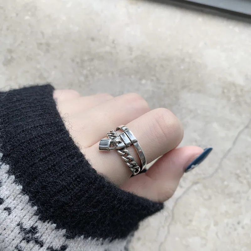 Vintage Korean Style Double Layer Chain Ring With Lock Pendant Copper Silver Plated Adjustable Open Finger Ring Jewelry For Women Men