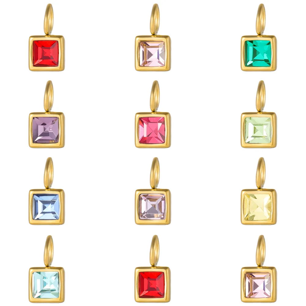 Square Colorful Rhinestone Birthstone Charms Titanium Steel Pendants For DIY Necklace Bracelet Jewelry Making Women Gift