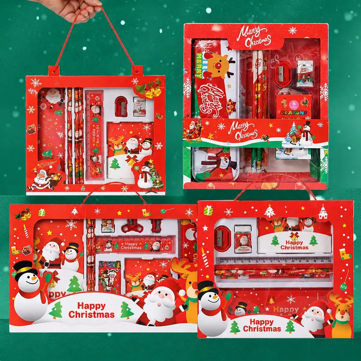 Set de Papeterie de Noël pour Enfants Fournitures Scolaires Prix Père Noël Élan Motif Boîte Cadeau Portative pour Célébration Scolaire