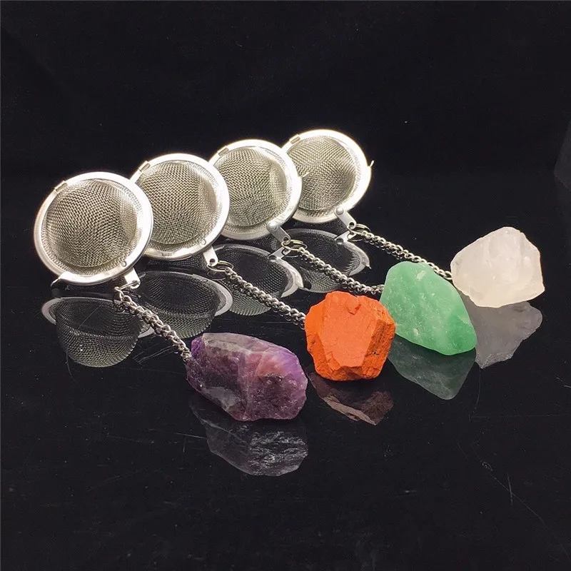 Natural Amethyst Raw Stone Tea Infuser 304 Stainless Steel Creative Tea Strainer Mesh Filter With Crystal Pendant For Loose Leaf Tea