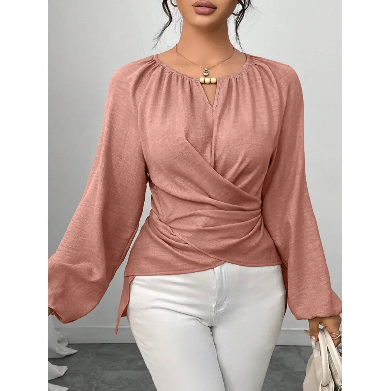Women's Round Neck Long Sleeve Blouse Elegant Lantern Sleeve Solid Color Wrap Waist Top Pullover Commute Shirt