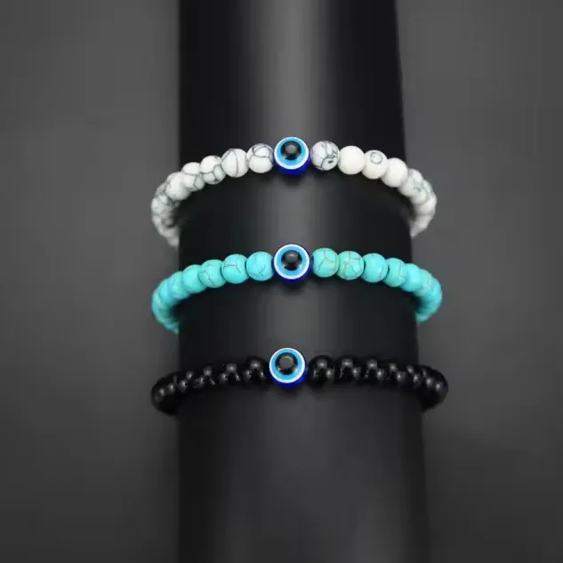 Bracelet Vintage en Pierre Naturelle Mauvais Œil avec Perles pour Hommes Femmes Résine Œil de Tigre Turquoise Bracelet Élastique Fait à la Main Bijoux Cadeau