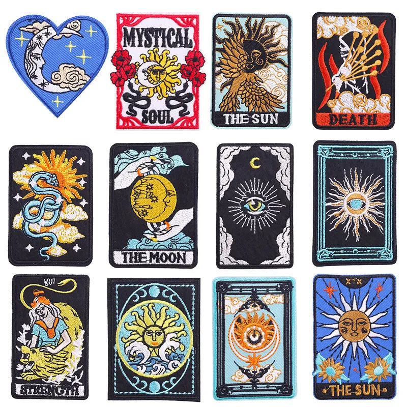 Mystical Tarot Embroidered Patch Mystical Sun Moon Death Iron On Patch For Clothing Applique Polyester DIY Badge Embroidery Patch