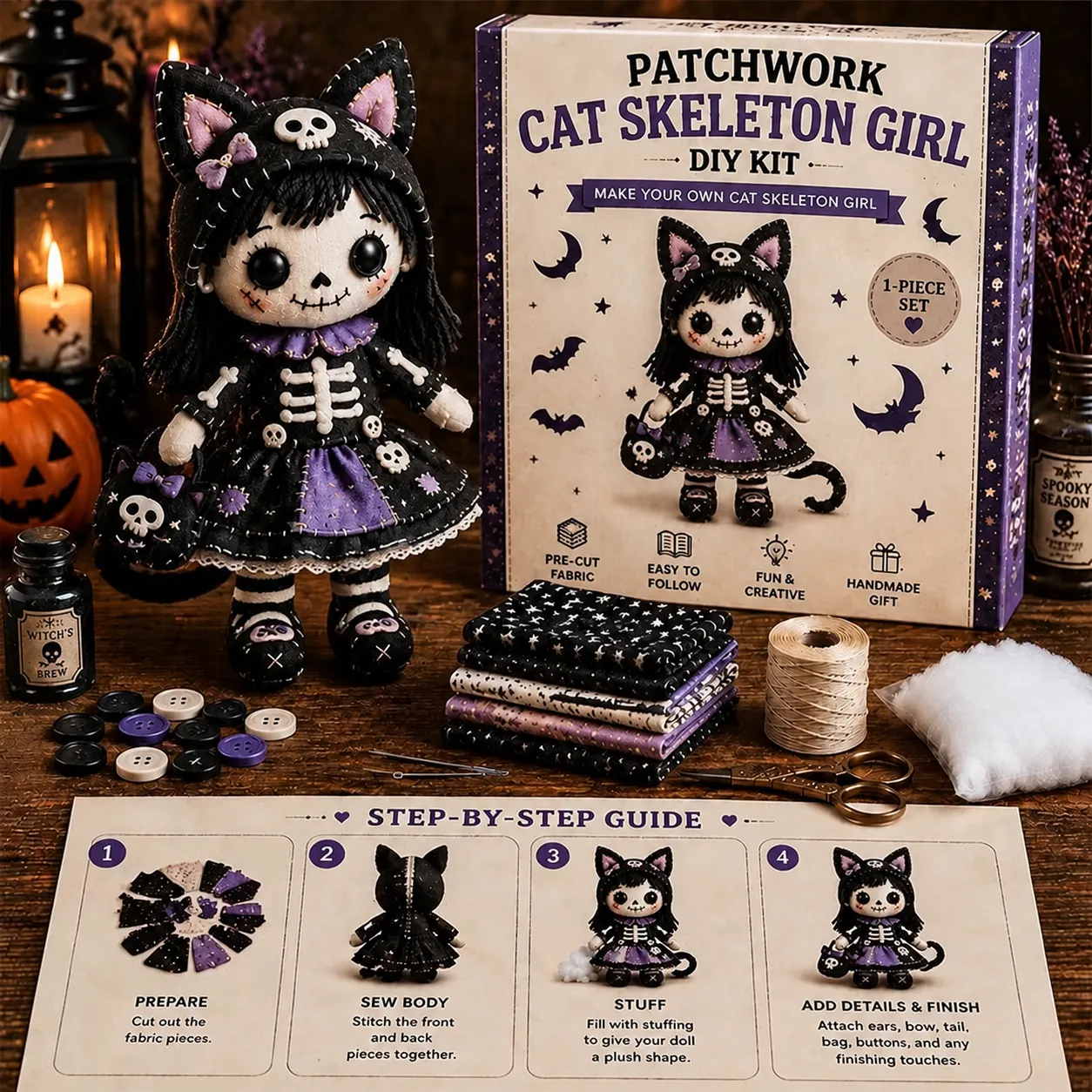 Halloween Fai da Te Kit Patchwork Scheletro Strega Ragazza Zucca Pipistrello Ragazzo Gotico Peluche Bambola Cucito a Mano Kit Artigianale Regalo