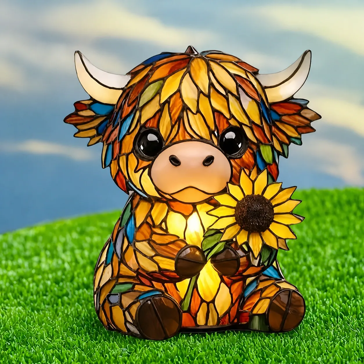 Veilleuse Créative en Résine Vache des Highlands Figurine de Tournesol Style Vitrail Décoration d'Intérieur Européenne Lampe de Table