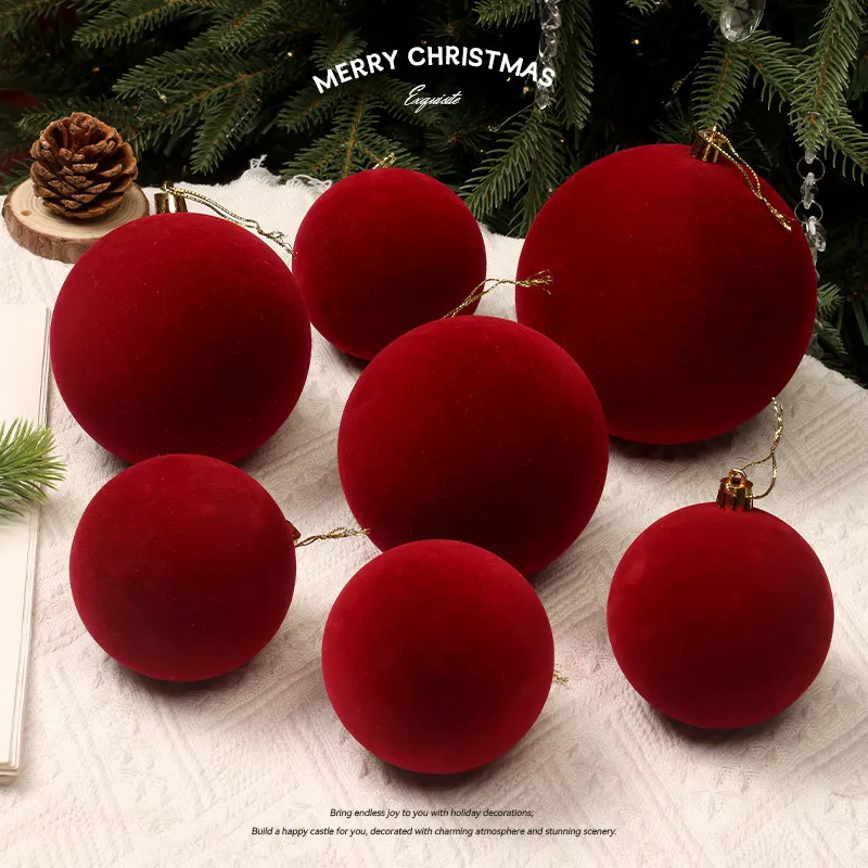 Flocked Red Christmas Ball Ornaments For Christmas Tree Hanging Decorations Festive Party Home Decor Modern Minimalist Xmas Hanging Ball