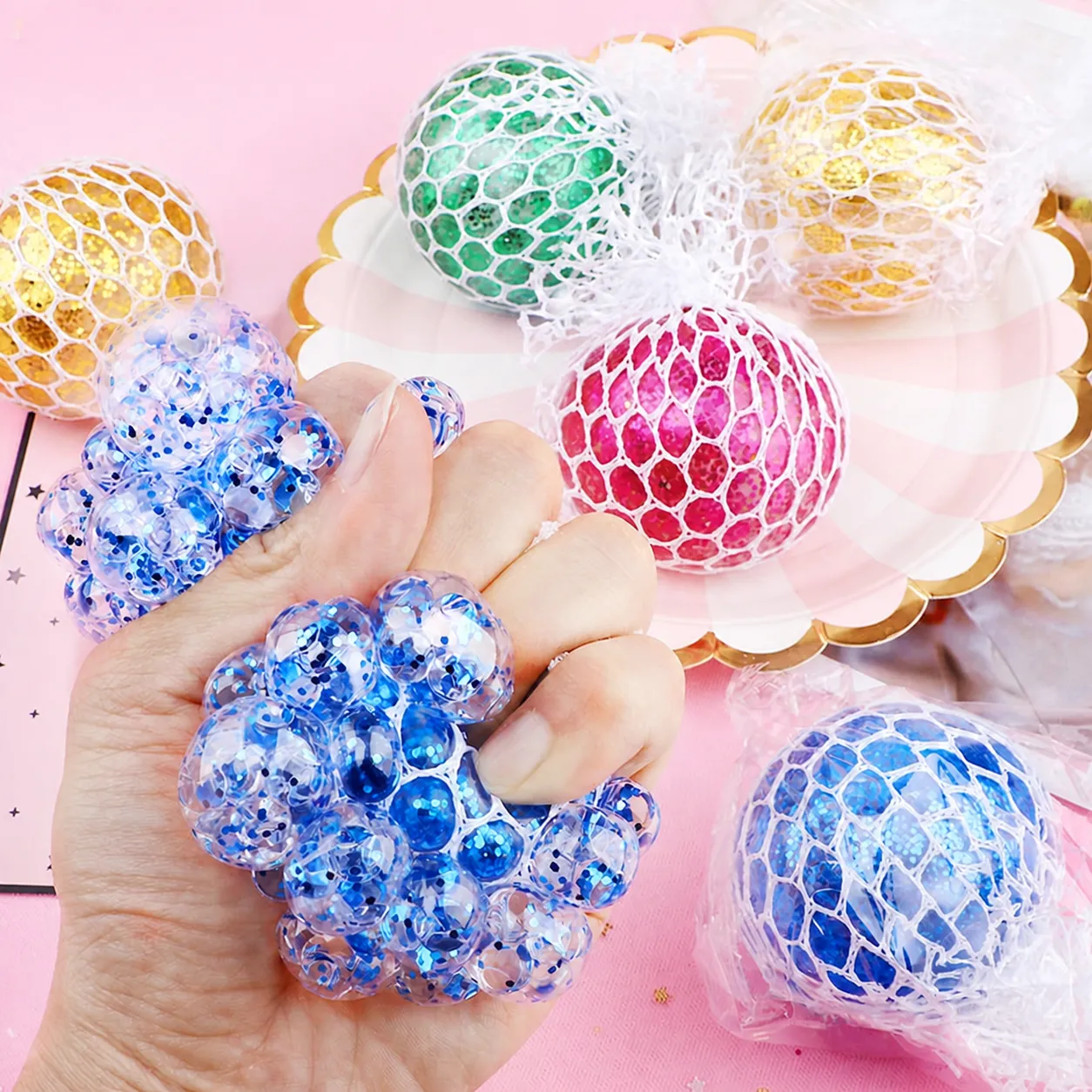 Colorful Squishy Grape Ball Stress Relief Toys Glitter Mesh Water Ball Capybara Gorilla Fidget Toys Sensory Squeeze Toy Gift