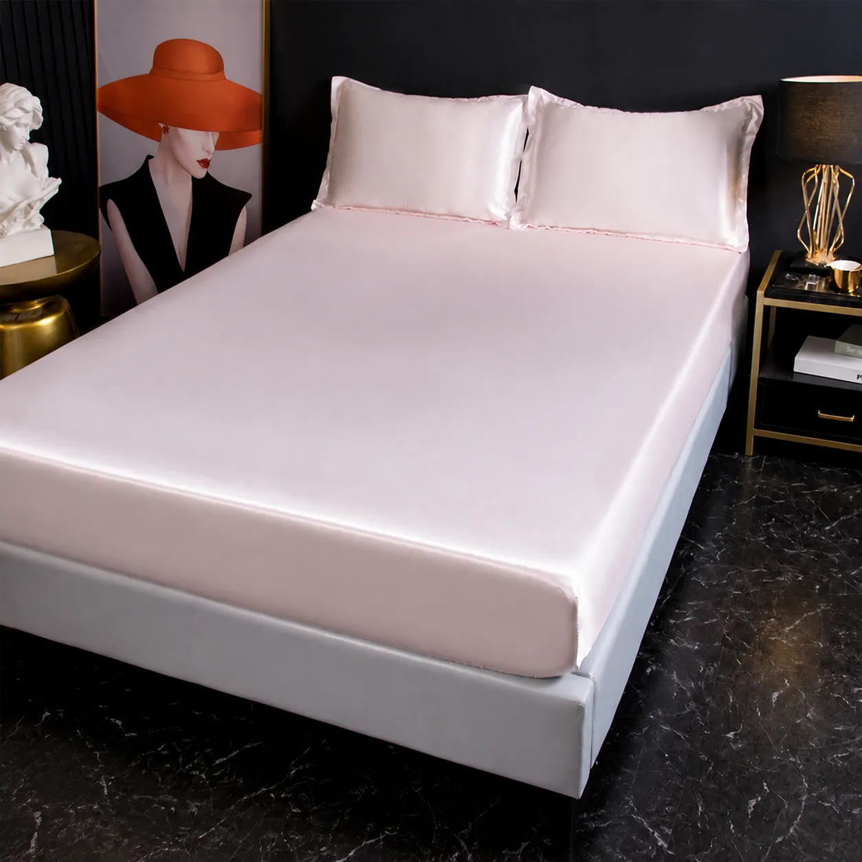 Juego de Sábanas Bajeras de Seda de Hielo Color Sólido Protector de Colchón de Satén Refrescante Colcha Con Fundas de Almohada