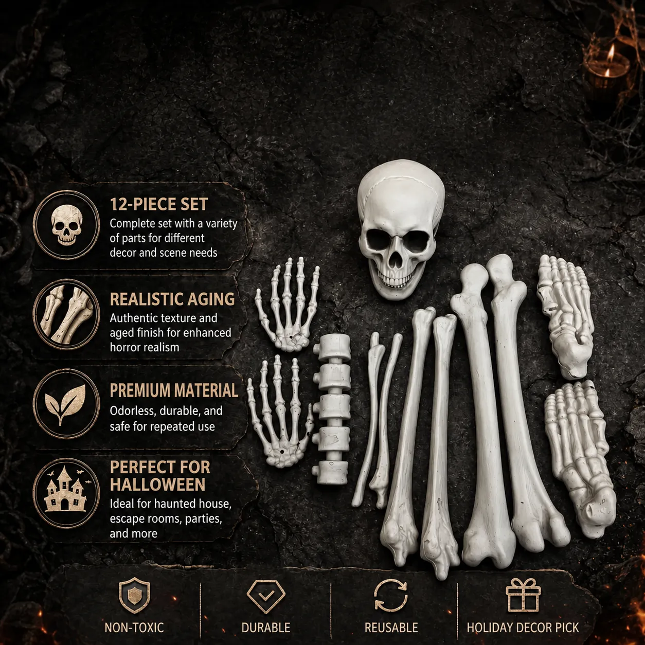 Ossa di Scheletro Umano Simulate per Decorazione di Halloween Casa Stregata Accessori Horror Decorazione Teschio in Plastica
