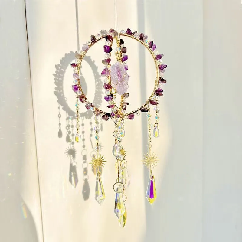 Natuurlijk Ruw Kristal Zonvanger Handgemaakt Met Draad Omwikkeld Venster Hangend Ornament Kwartsgong Regenboogmaker Boho Decor