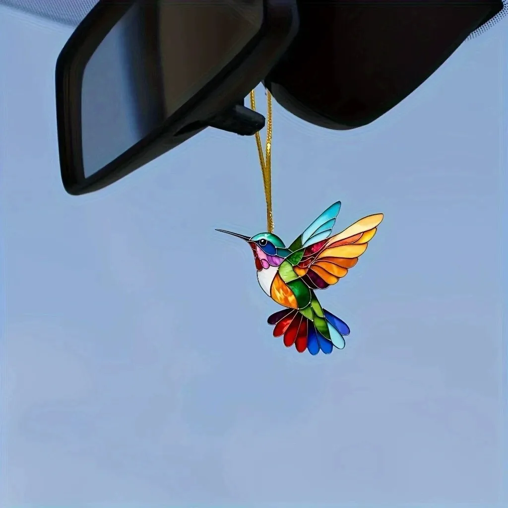 Decorazione Natalizia a Forma di Colibrì Piatto in Acrilico Pendente per Specchietto Retrovisore Auto Stile Vetrata Regalo Festivo