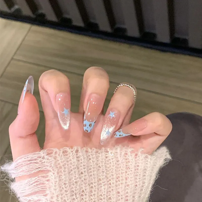 Blue Cat Eye Star Leopard French Tip Press On Nails Long Almond Shaped Prefinished Fake Nails For Women Nail Art Decoration
