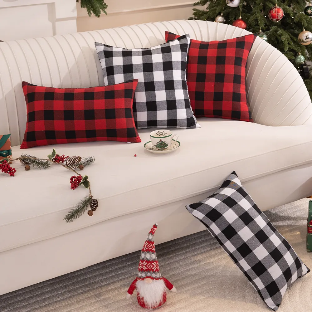 Christmas Buffalo Plaid Throw Pillow Cover Polyester Checkered Cushion Case For Sofa Couch Home Festive Decor Bedroom Pillowcase