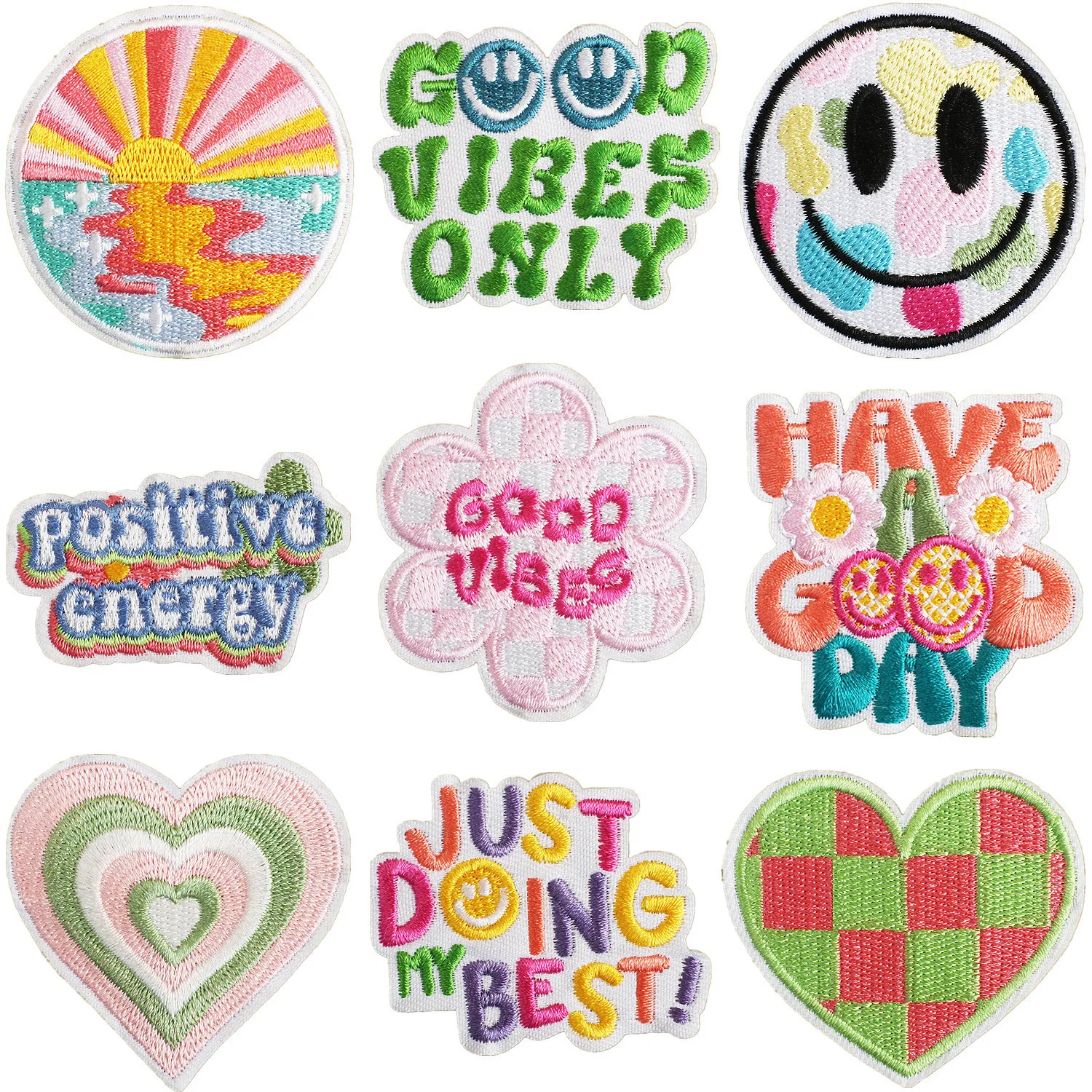 Écusson Brodé Dessin Animé Cœur Visage Souriant Patch pour Vêtements Sac Décoration Énergie Positive Paysage Coucher de Soleil Patch