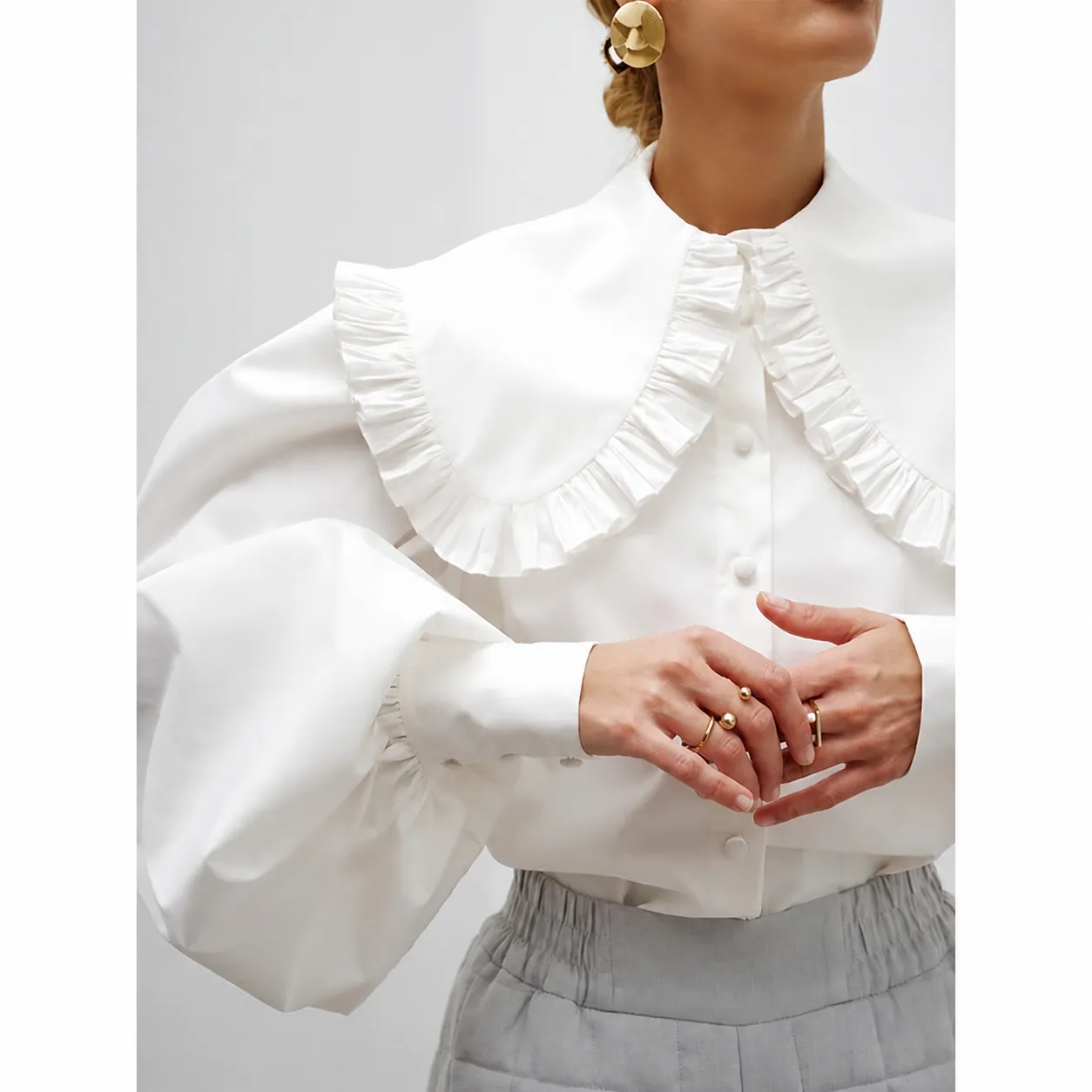 Chemisier Rétro en Mélange de Tencel pour Femmes Col Claudine Élégant avec Volants Manches Lanternes Top Boutonné pour Quotidien