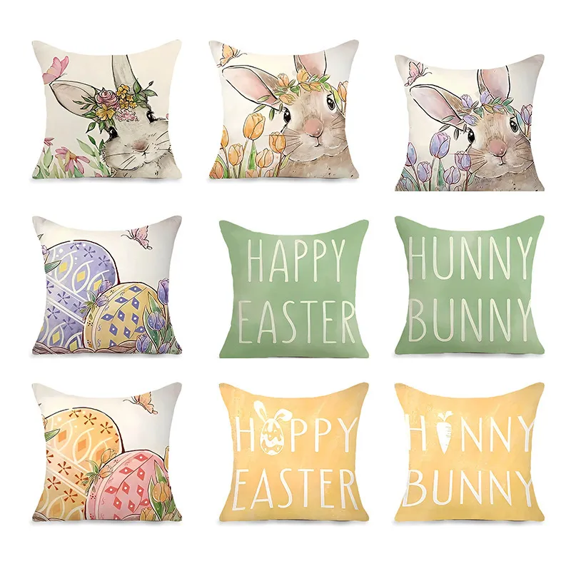 Nordischer Stil Leinenimitat Osterkopfkissenbezug Hase Ei Tulpe Bedruckt Dekokissenbezug Für Sofa Heimdekoration