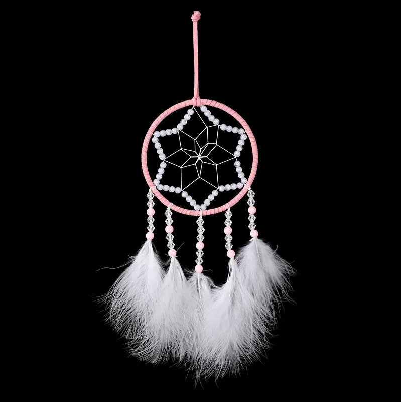 Acchiappasogni con Piume Rosa e Bianco Fatto a Mano Stella Geometrica Ornamento Appendibile per Specchietto Auto Parete Casa
