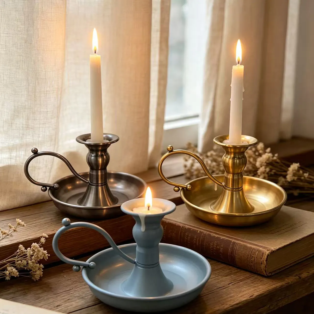 European Vintage Metal Iron Candlestick Holder Tray Candle Cup With Finger Ring Handle French Romantic Home Decor Ornament
