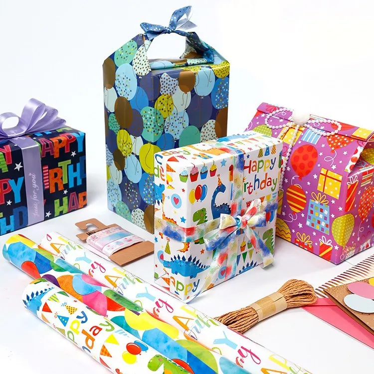 Happy Birthday Cartoon Gift Wrapping Paper Roll Large Size Colorful Balloon Dinosaur Cake Patterns For Kids Party Gift Packaging Supplies
