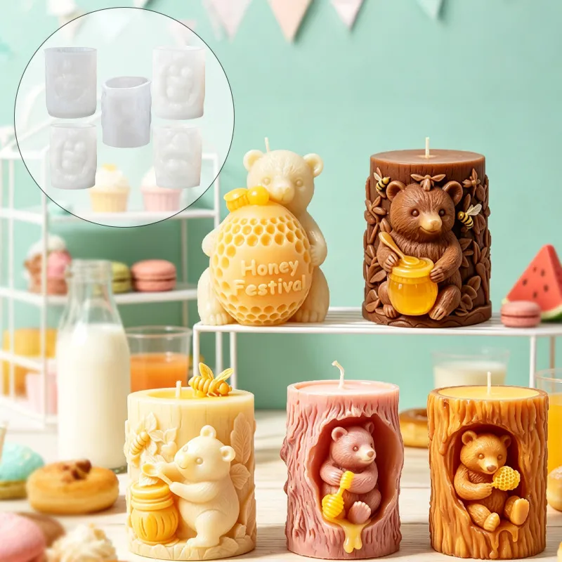 Tree Hole Bear Silicone Mold Relief Honey Jar Bear DIY Aromatherapy Candle Plaster Soap Handmade Craft Tools Baking Mold