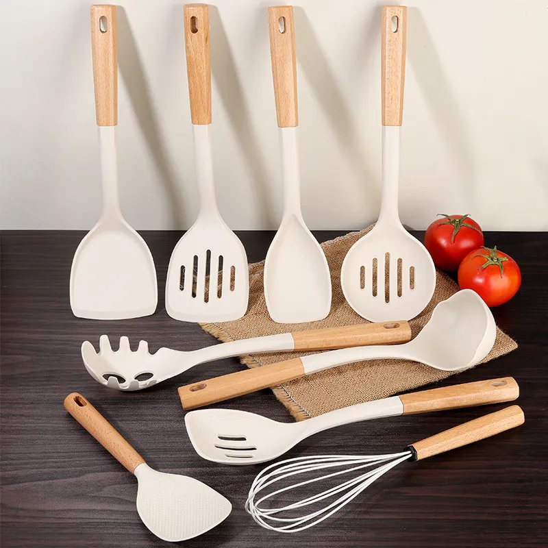 Ensemble d'Ustensiles de Cuisine en Silicone Avec Manche en Hêtre Résistant à la Chaleur Antiadhésif Spatule Louche