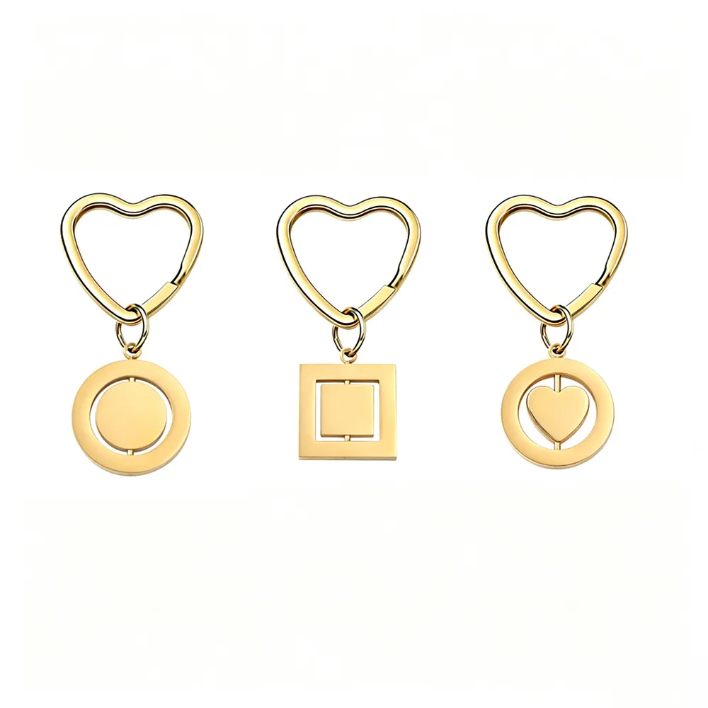 Llavero de Corazón Giratorio de Acero Inoxidable Pulido de Espejo Chapado en Oro 18K Colgante Redondo Cuadrado Corazón Accesorio