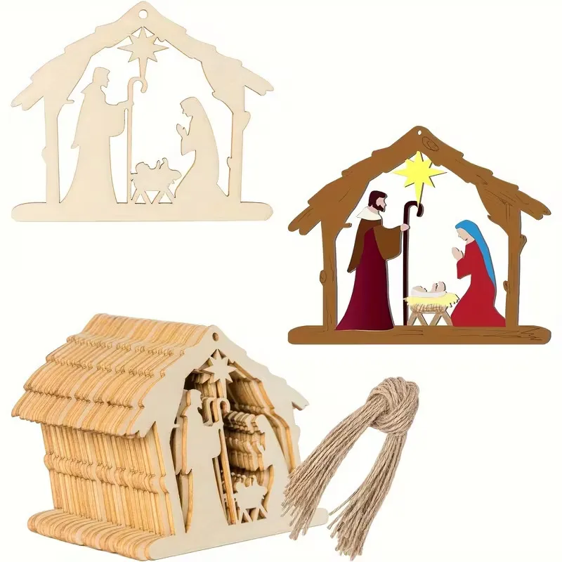 DIY Houten Kerststal Ornamenten Onbewerkt Lasersnede Opengewerkt Hout Knutselen Kerstboom Hangende Decoratie Voor Kinderen Schilderen