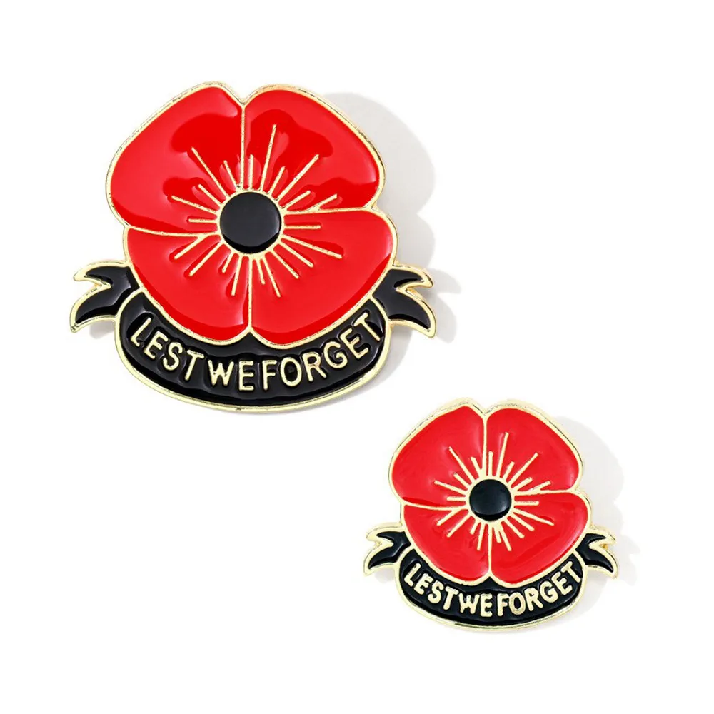 Classic Remembrance Red Poppy Brooch Alloy Enamel Flower Pin With Lest We Forget Motto Memorial Commemoration Jewelry Pin