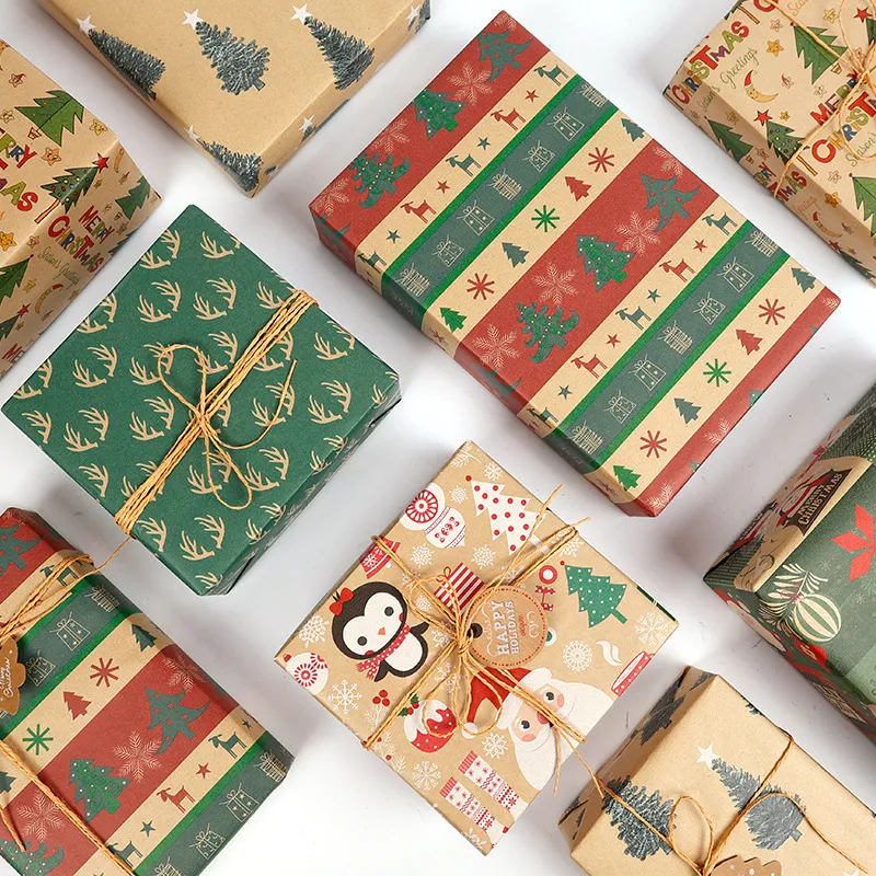 Christmas Kraft Wrapping Paper Roll Eco Friendly Vintage Reindeer Christmas Tree Santa Pattern Holiday Gift Wrap Paper For Party Decorations