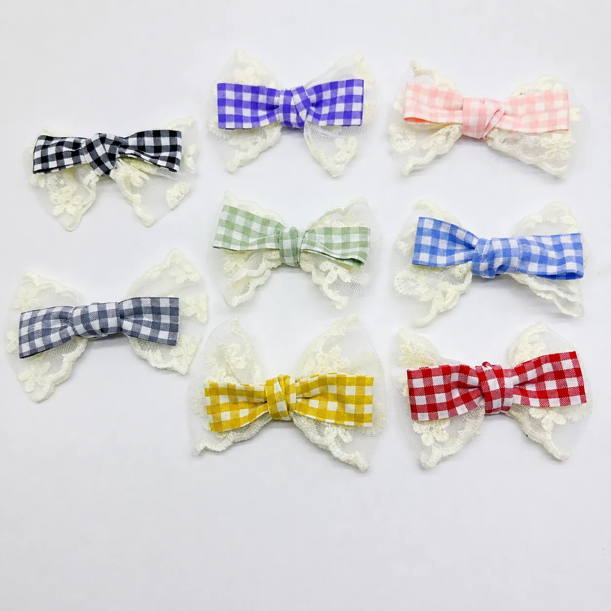 Zoete Geruite Gingham Strik Met Witte Kant Rand DIY Accessoires Voor Haarklem Schoenen Tas Decoratie Stoffen Strik Naaien Handwerk