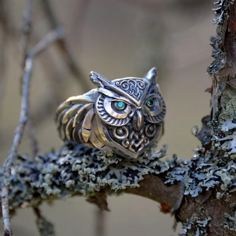 Bague Hibou Punk Vintage Couleur Argent Rétro Alliage Strass Yeux Verts Nœud Celtique Gothique Hip Hop Bijoux Bague Unisexe Hommes Femmes