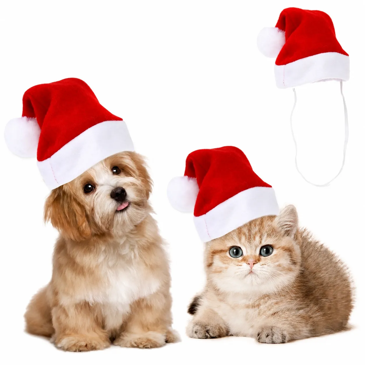Pet Christmas Hat For Cats And Dogs Red White Plush Cone Hat With Elastic Cord Holiday Photography Costume Accessories